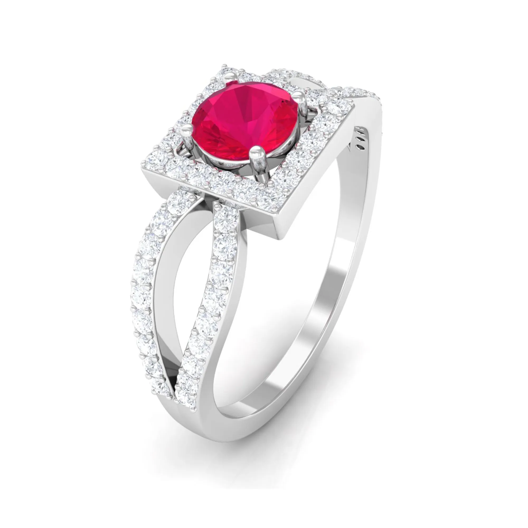 Split Shank Ruby Halo Engagement Ring with Diamond