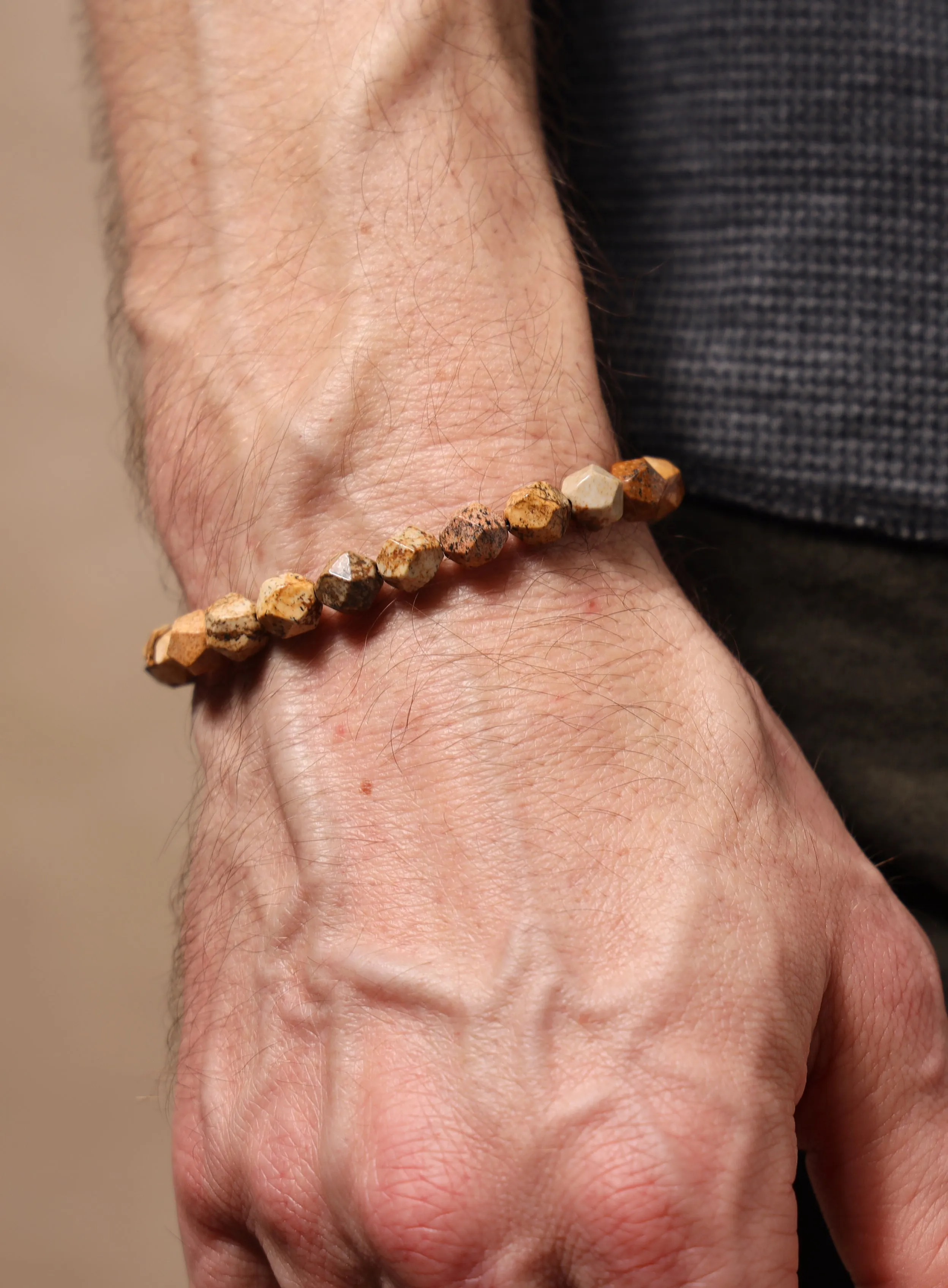 Sterling Silver and Picture Jasper Bead Bracelet for Men