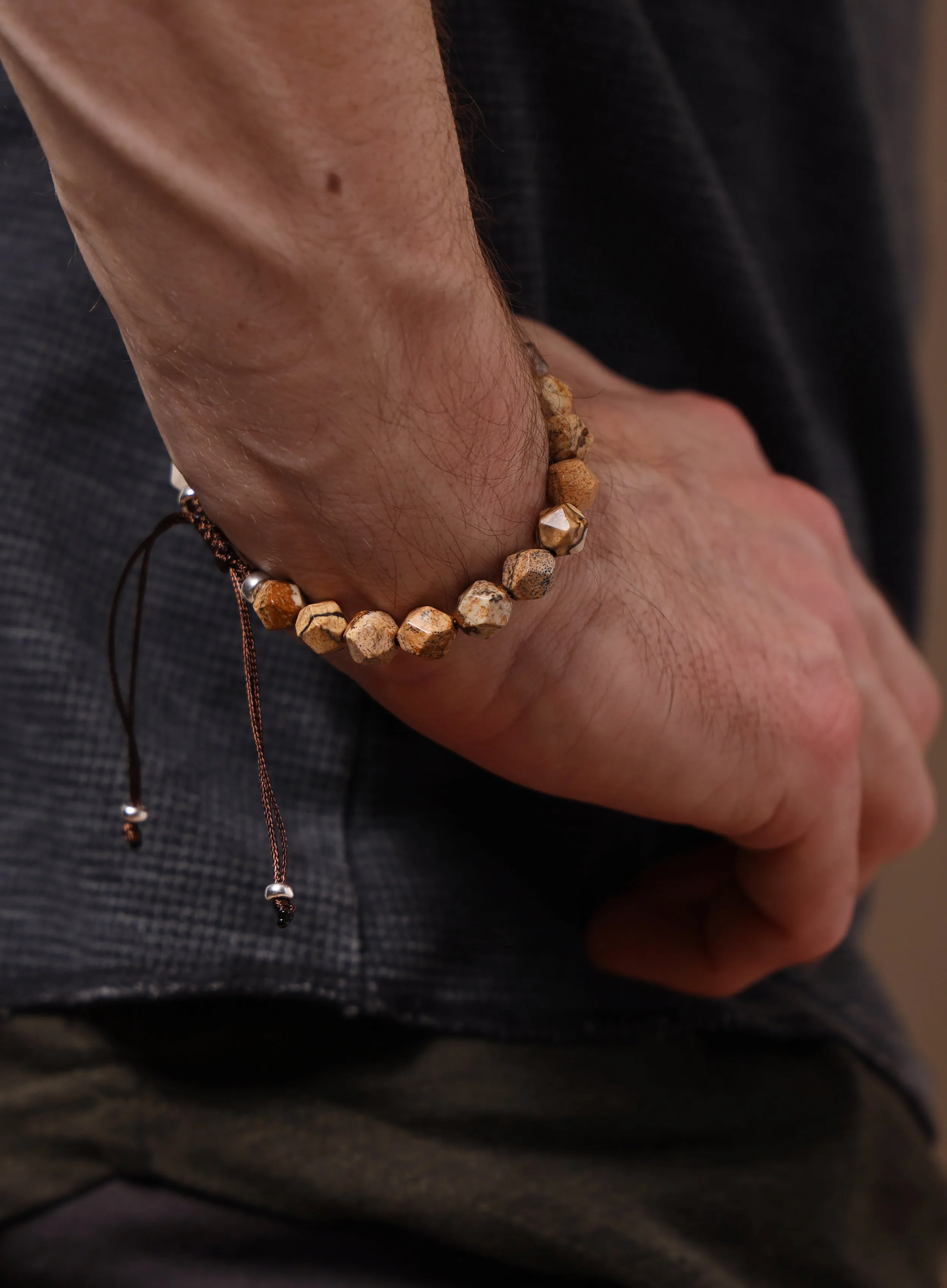 Sterling Silver and Picture Jasper Bead Bracelet for Men