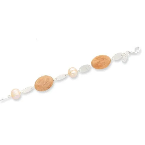 Sterling Silver Moonstone Peach & Pink Cultured Pearl Bracelet