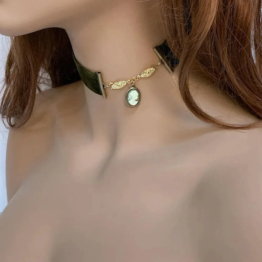 Victorian Green Velvet Cameo Choker