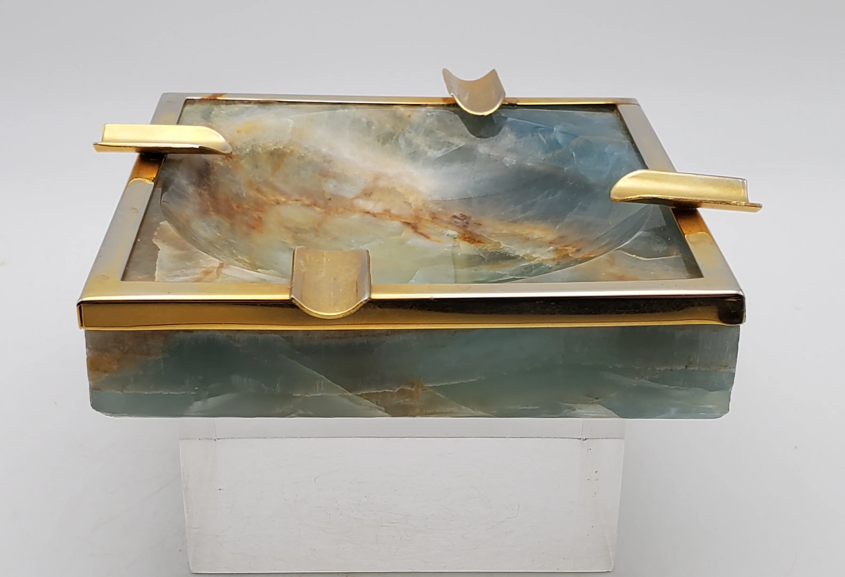 Vintage Blue Banded Calcite "Onyx" and Brass Ashtray
