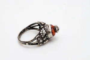 Vintage Coral and Silver Tower Ring from the Yemen Size 8 3/4