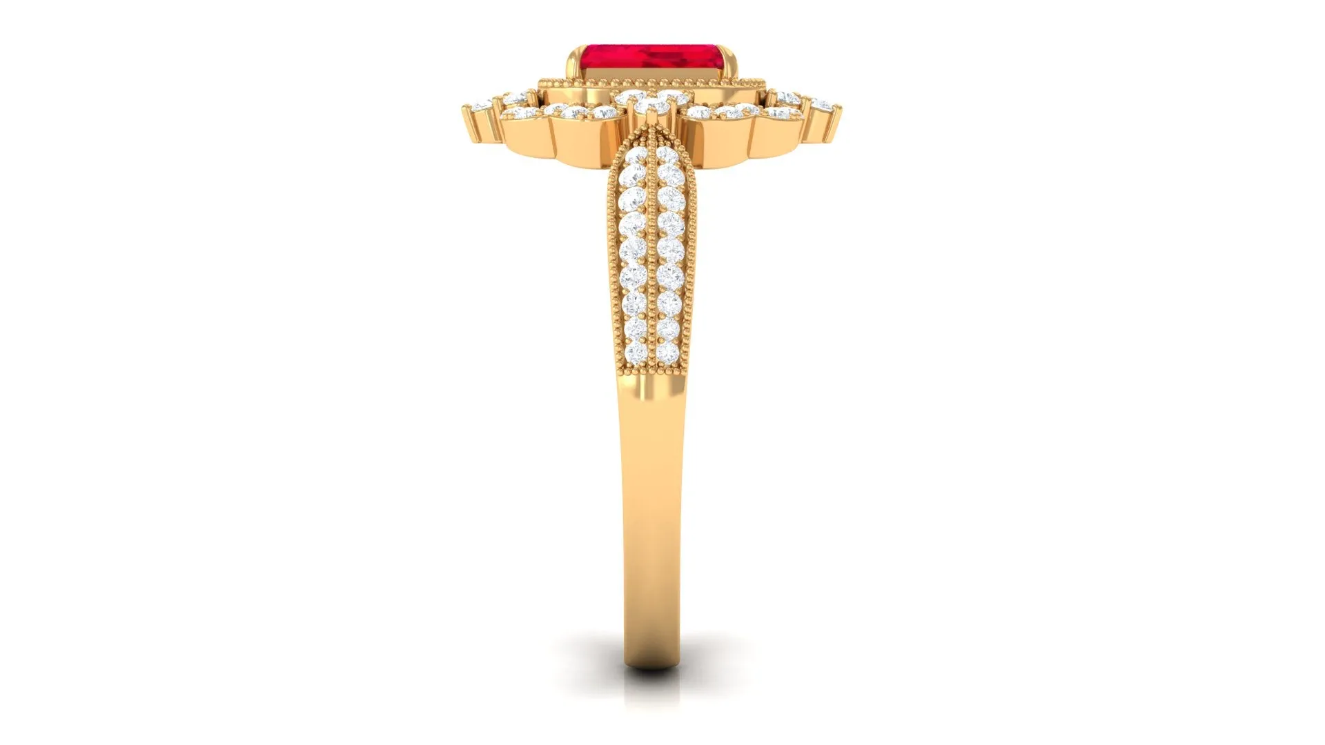 Vintage Style Emerald Cut Created Ruby Engagement Ring with Diamond Floral Halo