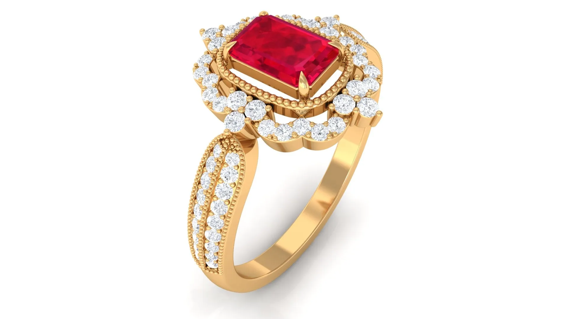 Vintage Style Emerald Cut Created Ruby Engagement Ring with Diamond Floral Halo