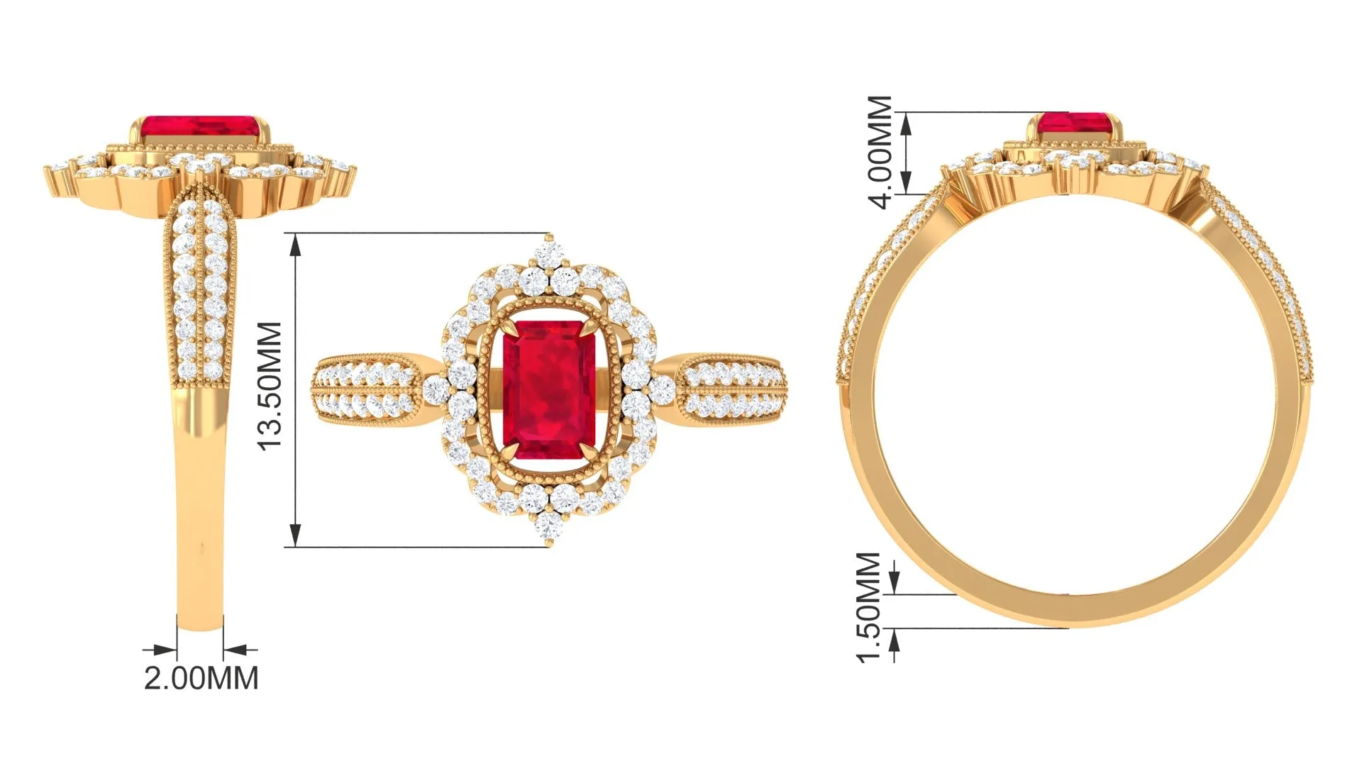 Vintage Style Emerald Cut Created Ruby Engagement Ring with Diamond Floral Halo