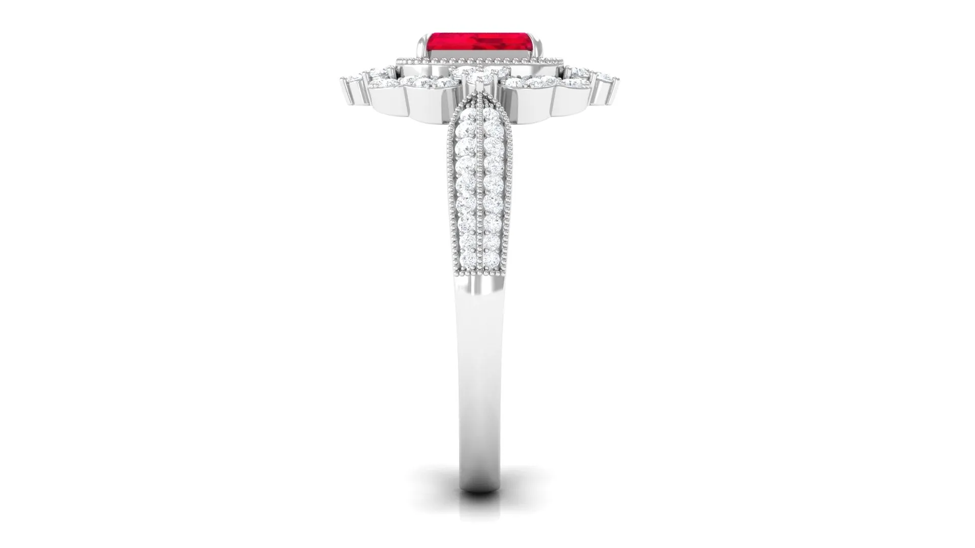 Vintage Style Emerald Cut Created Ruby Engagement Ring with Diamond Floral Halo