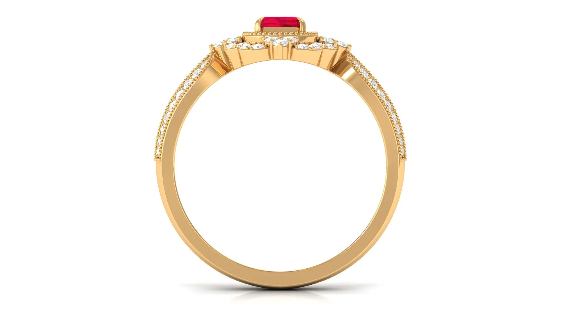 Vintage Style Emerald Cut Created Ruby Engagement Ring with Diamond Floral Halo