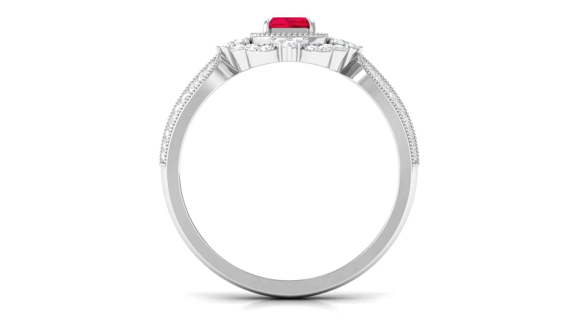 Vintage Style Emerald Cut Created Ruby Engagement Ring with Diamond Floral Halo