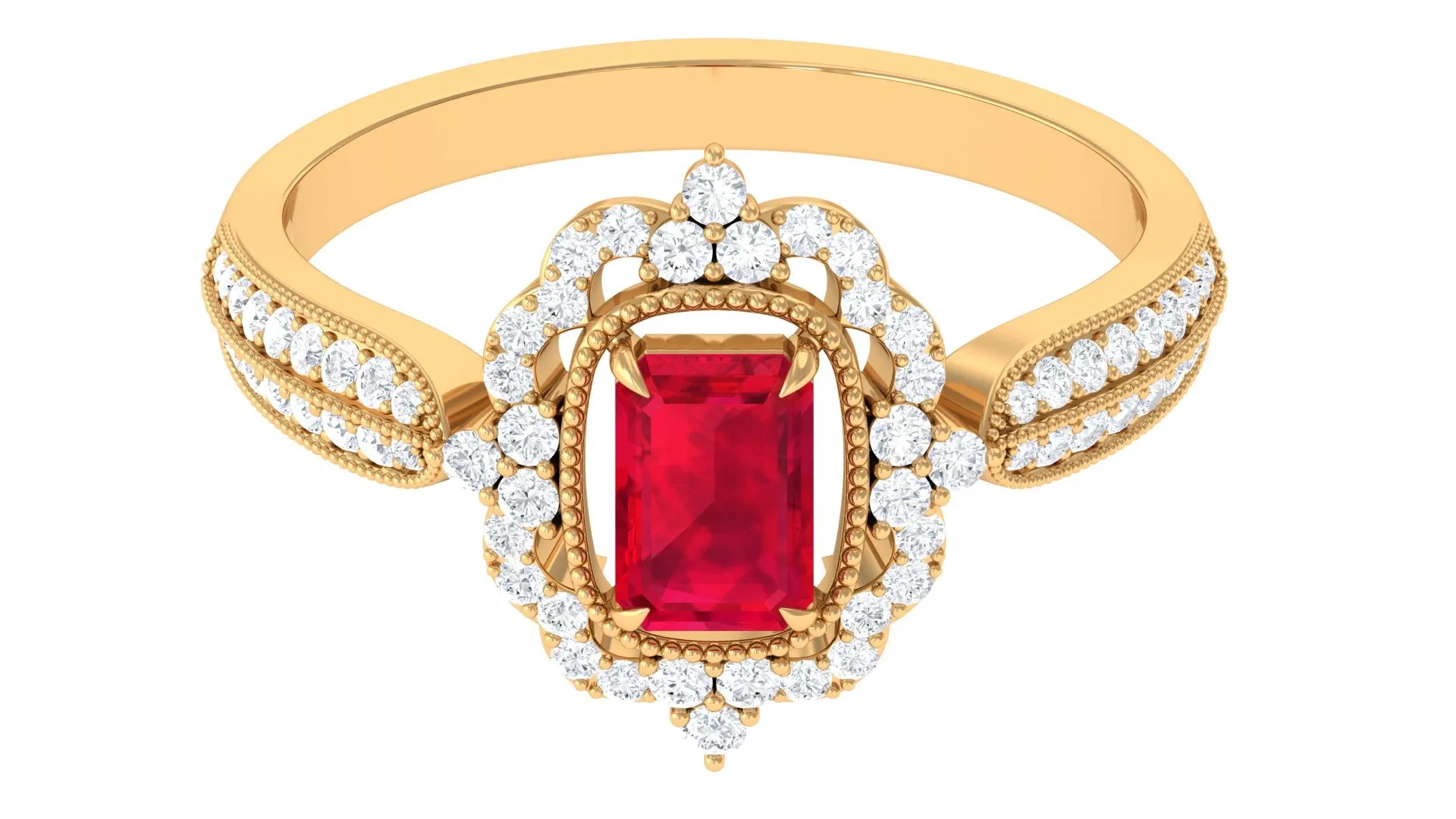 Vintage Style Emerald Cut Created Ruby Engagement Ring with Diamond Floral Halo