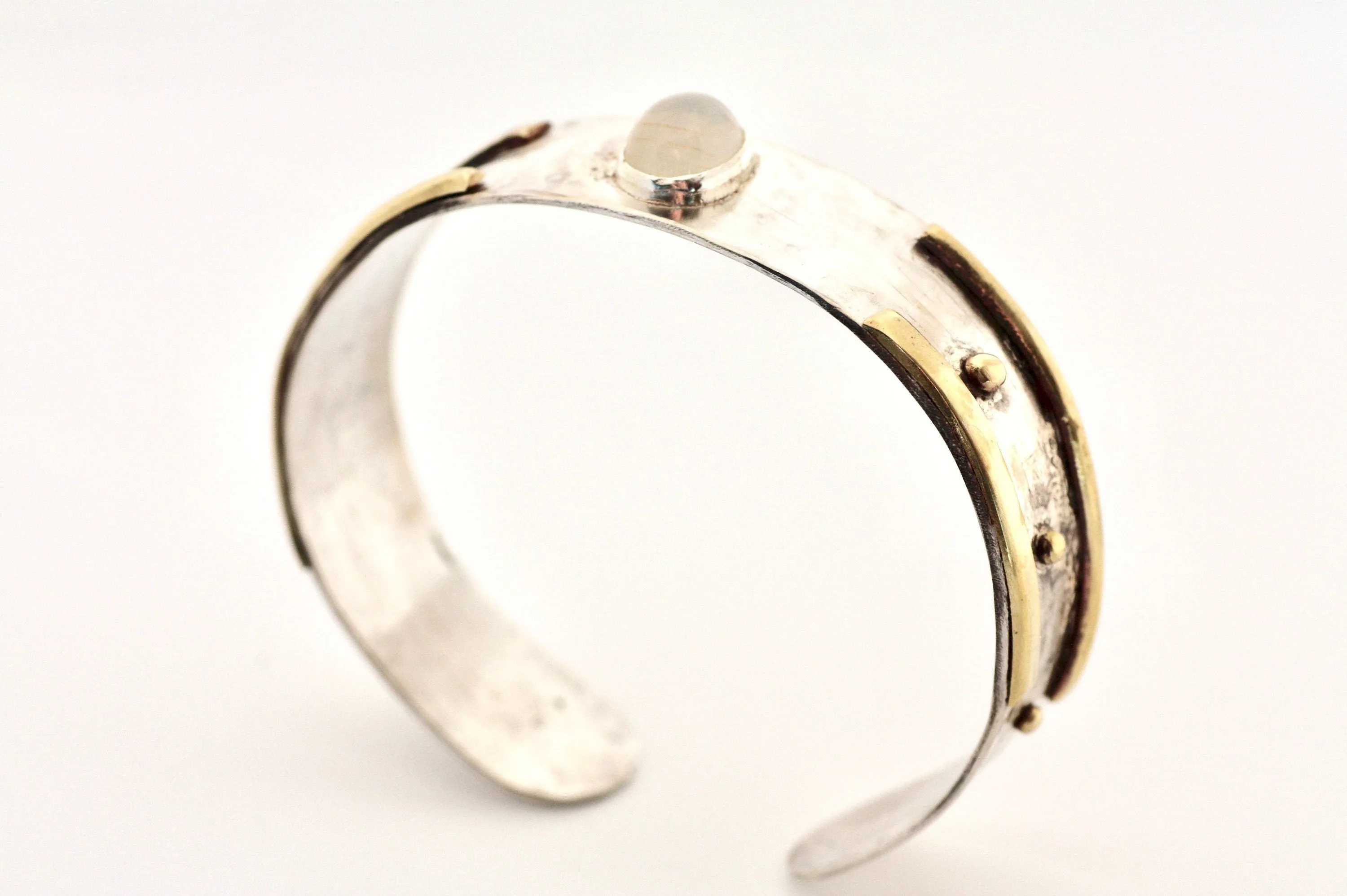 White Moonstone Rustic Sterling Silver and Brass Cuff