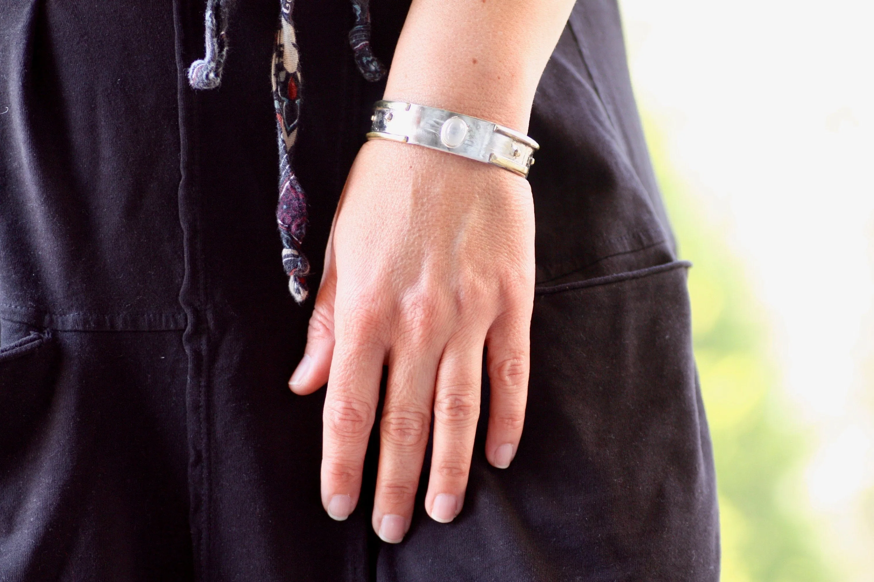 White Moonstone Rustic Sterling Silver and Brass Cuff