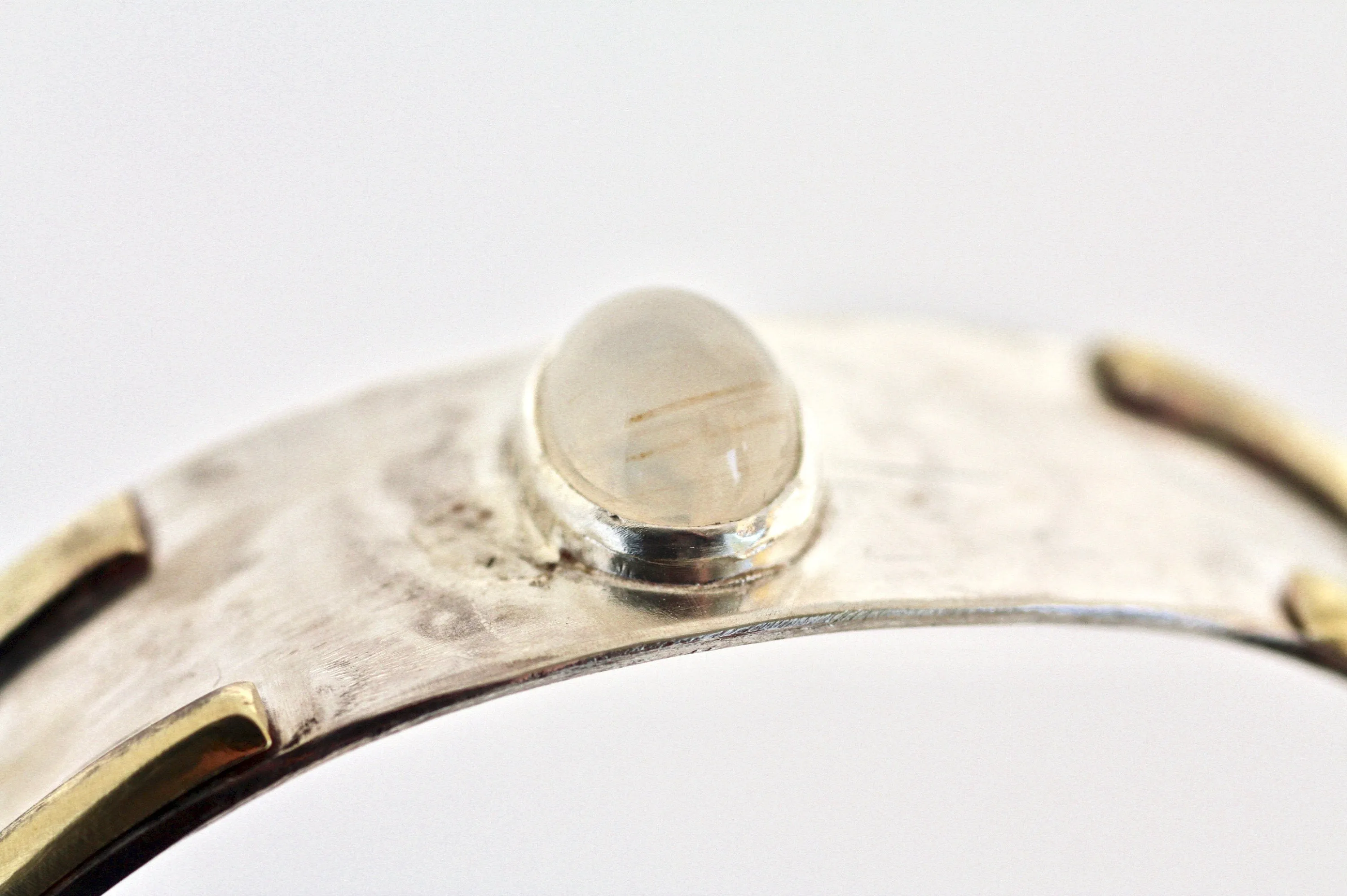 White Moonstone Rustic Sterling Silver and Brass Cuff