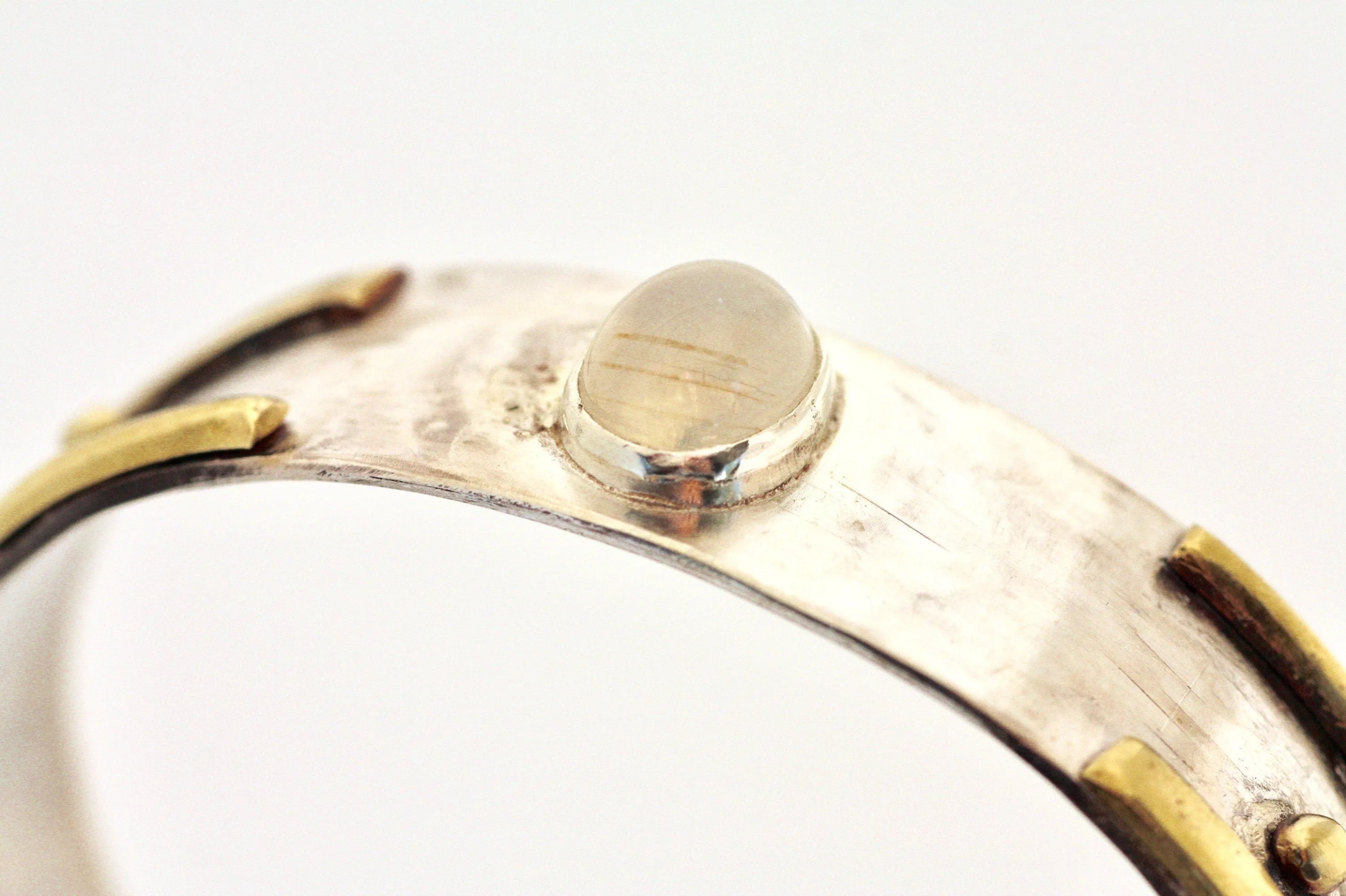 White Moonstone Rustic Sterling Silver and Brass Cuff
