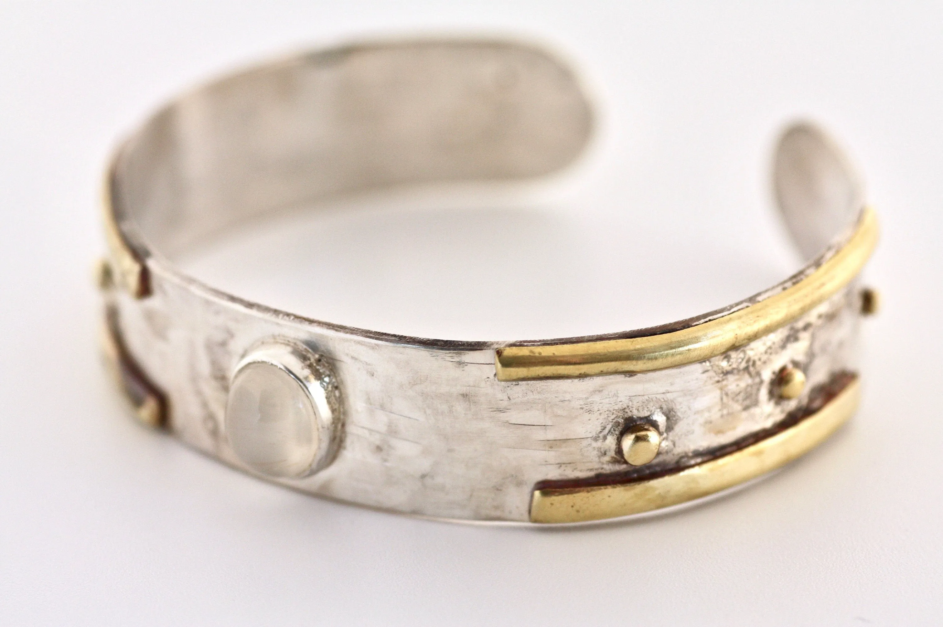 White Moonstone Rustic Sterling Silver and Brass Cuff