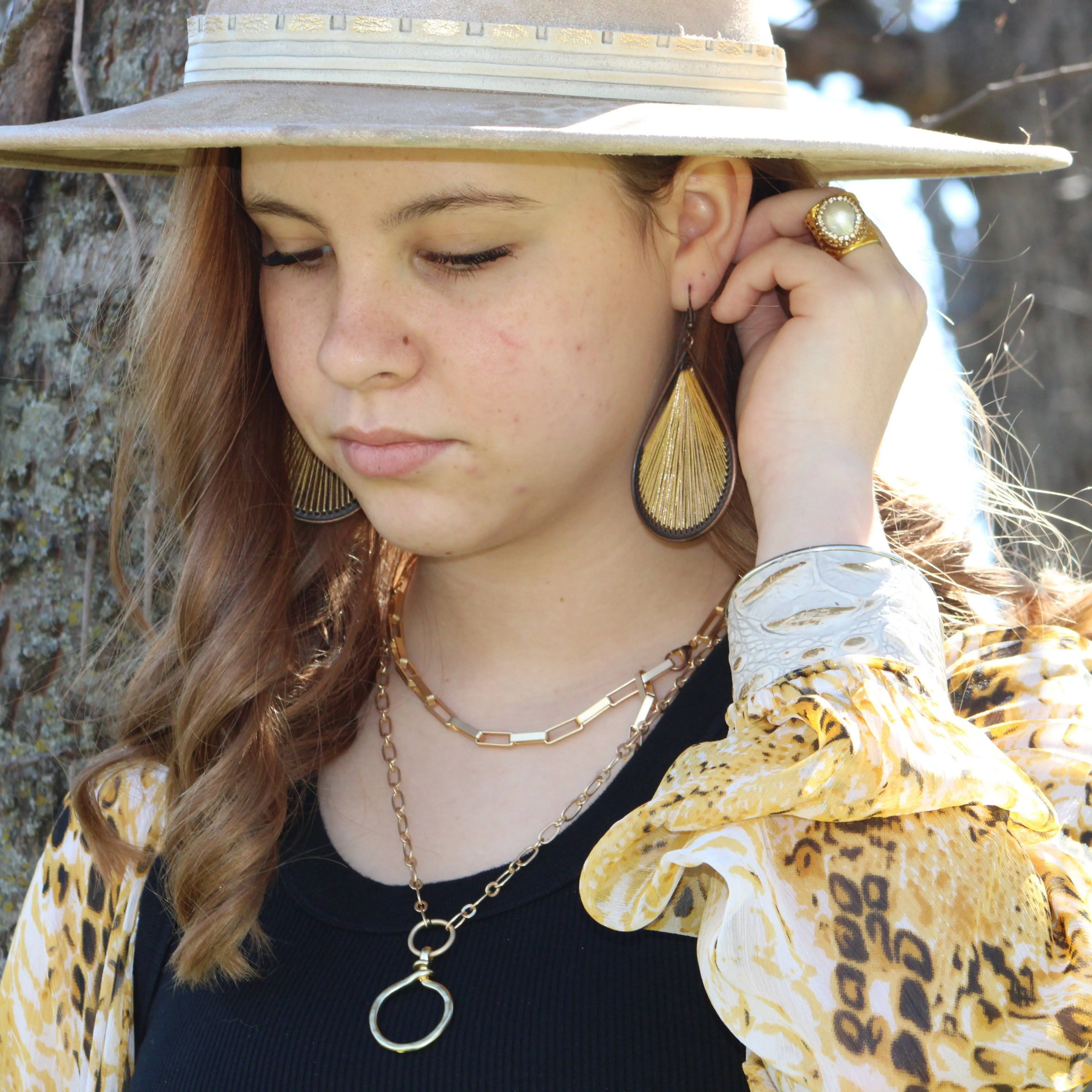 Wide Cuff Bangle Bracelet in Gold Gator Leather 015j