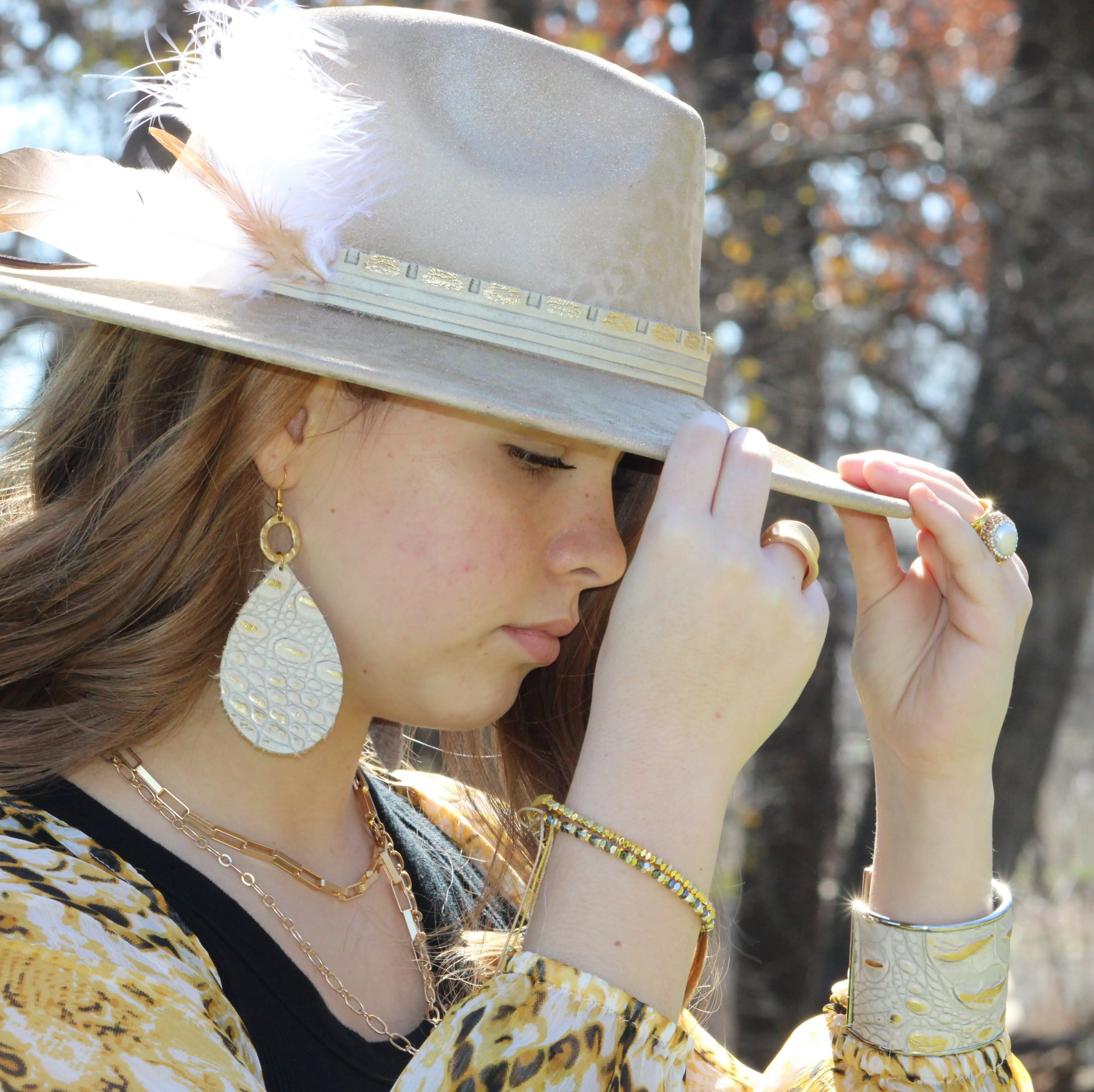 Wide Cuff Bangle Bracelet in Gold Gator Leather 015j