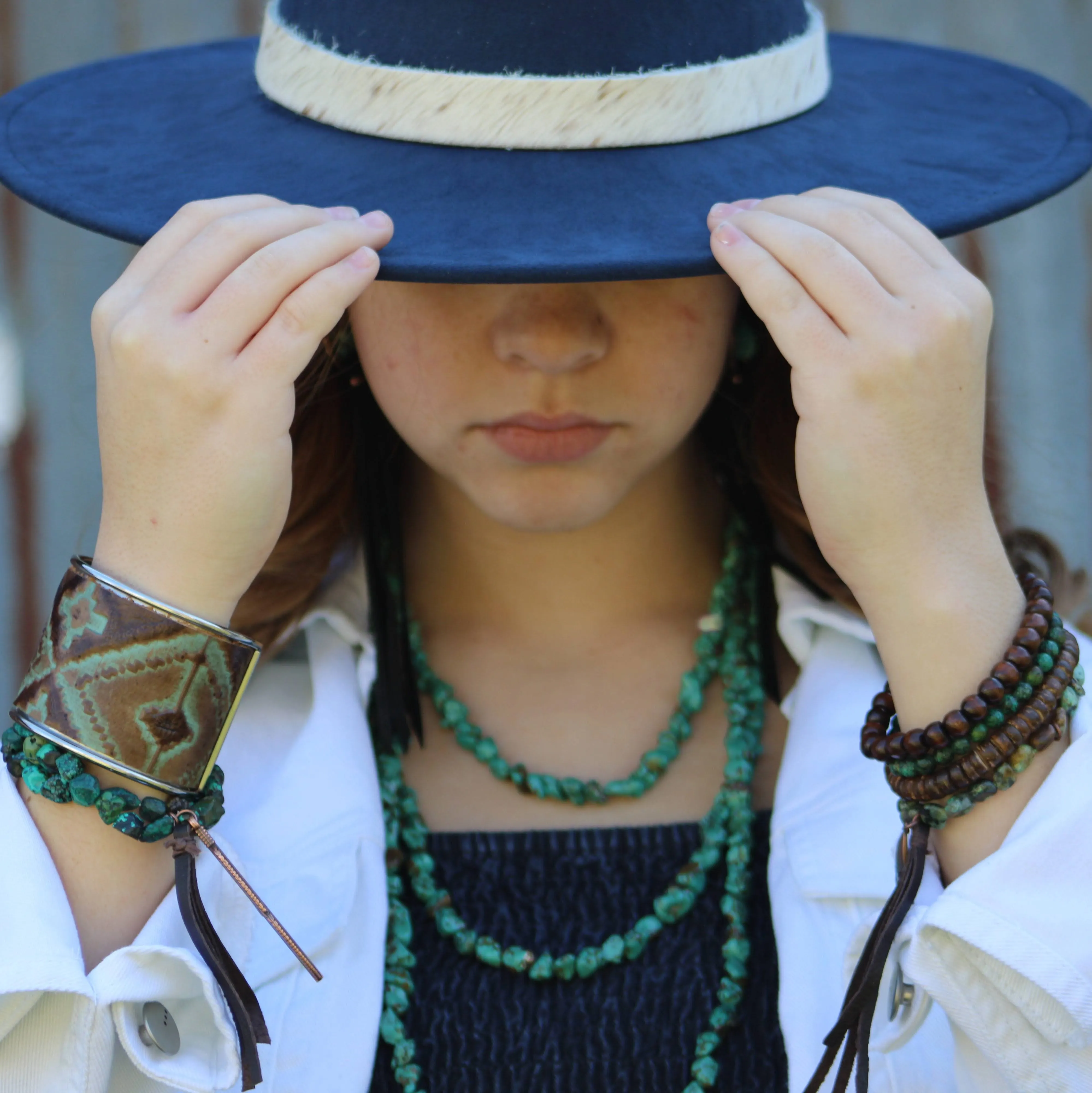 Wide Cuff Bangle Bracelet in Turquoise Navajo Leather 001m
